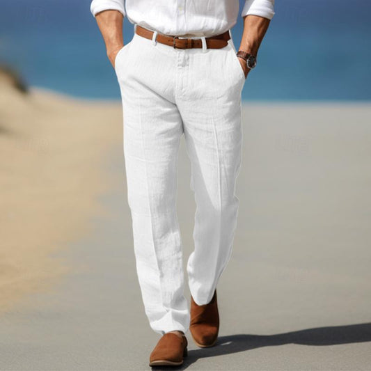 Men's Straight Thin Cotton And Linen Casual Solid Color Trousers