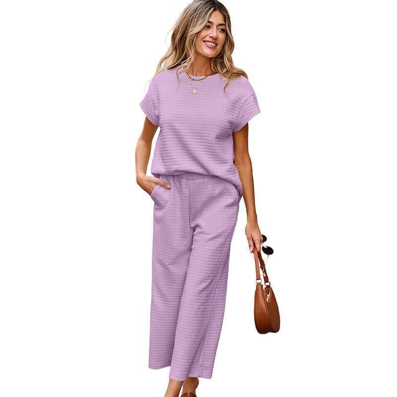 Ensemble deux pièces décontracté femme texturé couleur unie