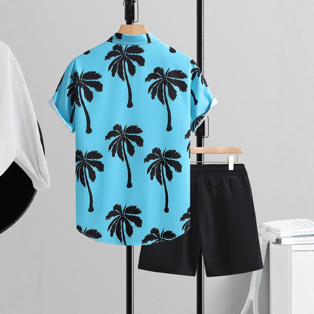 Summer Men's Lake Blue Short-Sleeve Shirt and Pants Suit Polyester Fiber