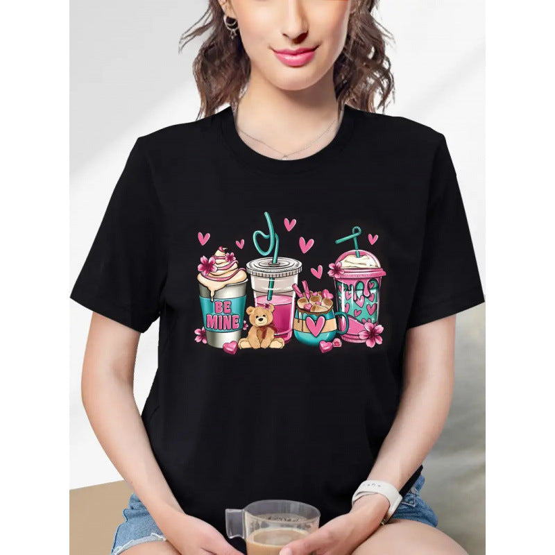 Women's Short Sleeve Valentine's Day Heart 3D Round Neck Top