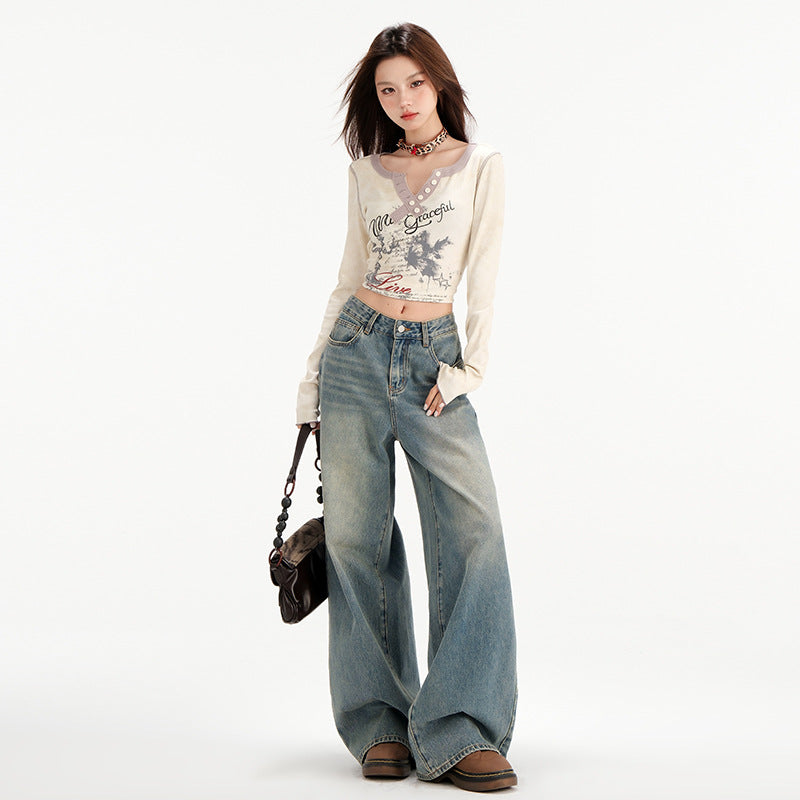 Retro Straight All-matching Loose Drooping Wide Leg Jeans