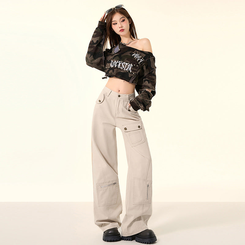 High Waist Khaki Denim Wide Leg Jeans