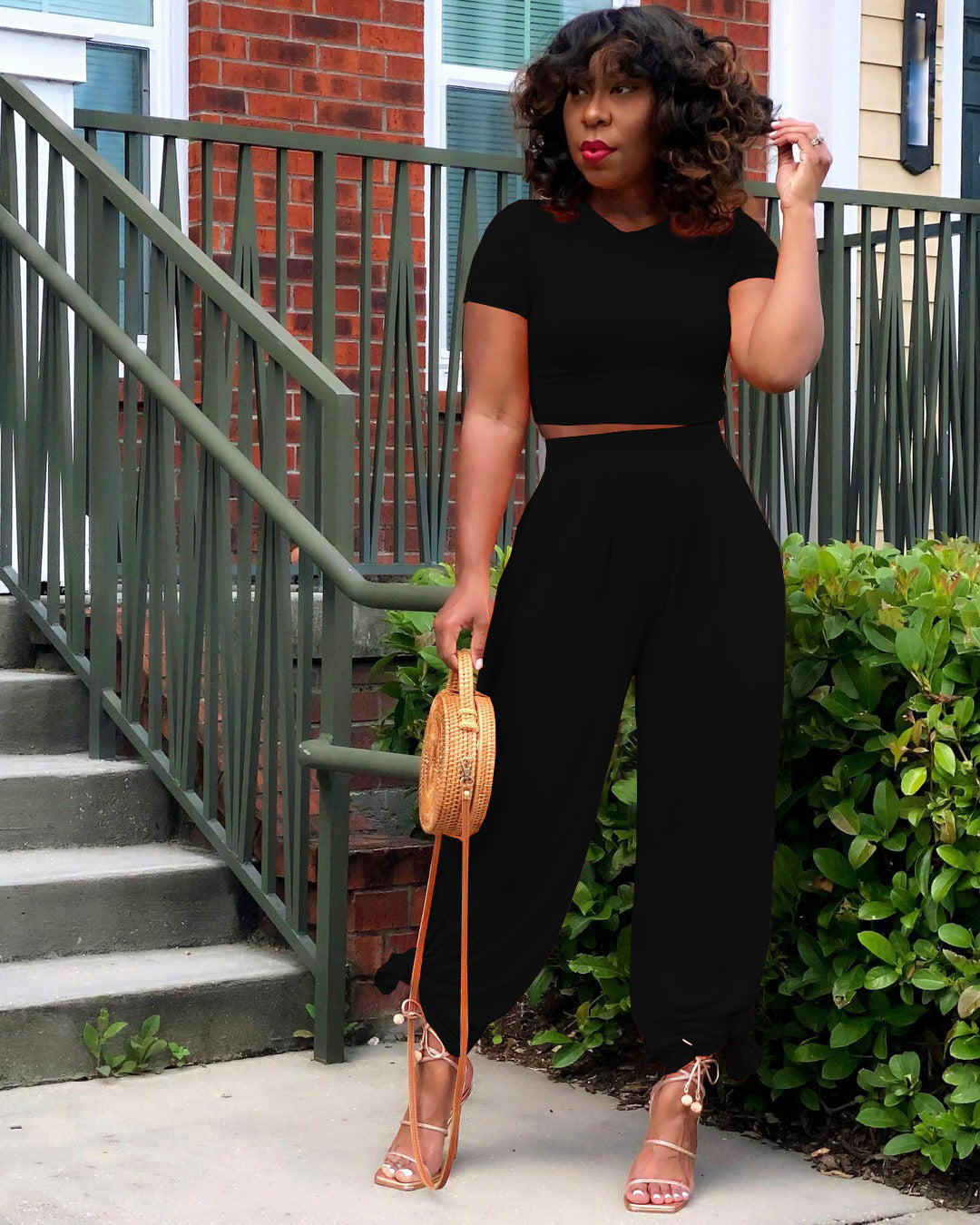 Solid Color Midriff Bell-Bottom Pants Casual Suit for Women