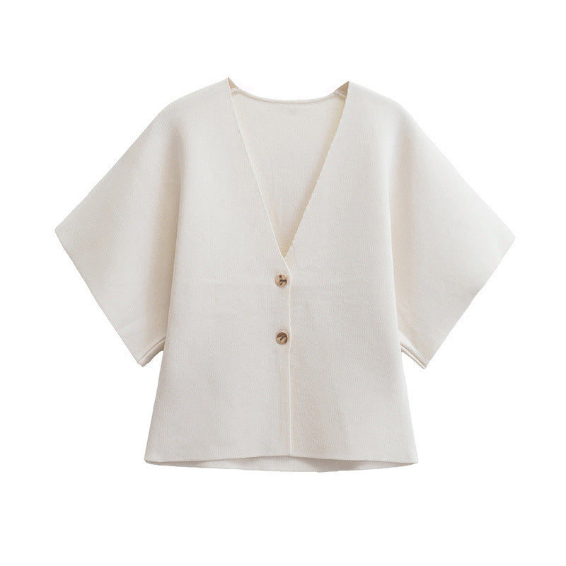 European And American Fashion Women's Wear Elegant Cardigan Plain Stitch Short Sleeve V-neck Casual Simple Knitting Top