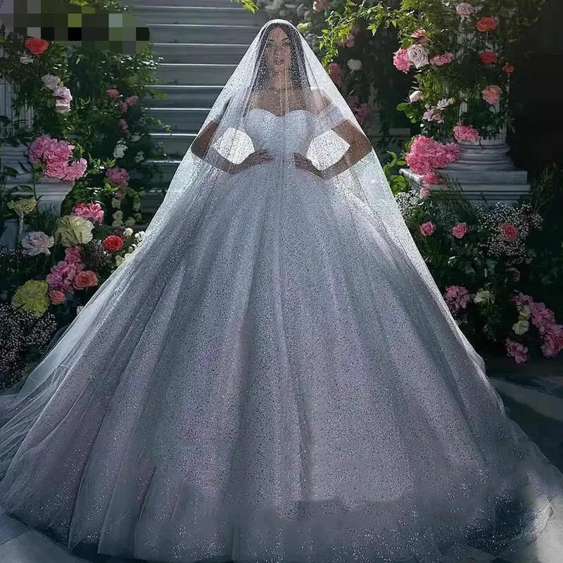 Off-Shoulder White Sequined Wedding Dress Mori Style Slimming Long Sleeve