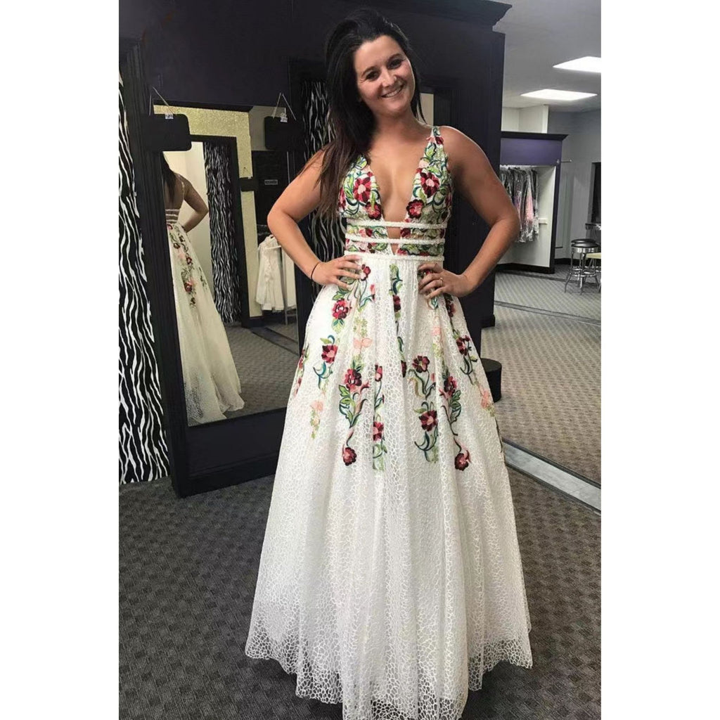 Robe de soirée sexy décolleté en V dos nu avec motif floral