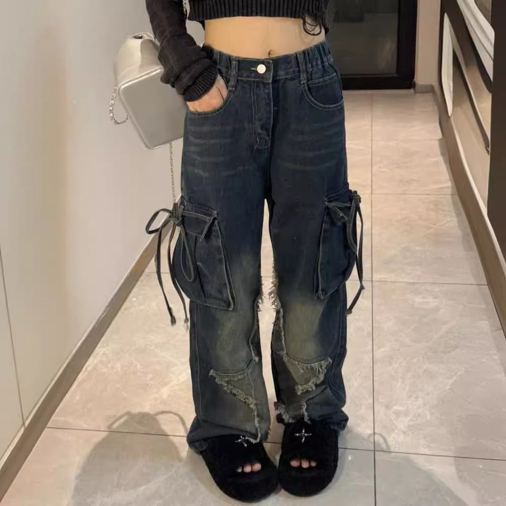 Spring Autumn American Retro Women's Multi-Pocket Wide Leg Jeans