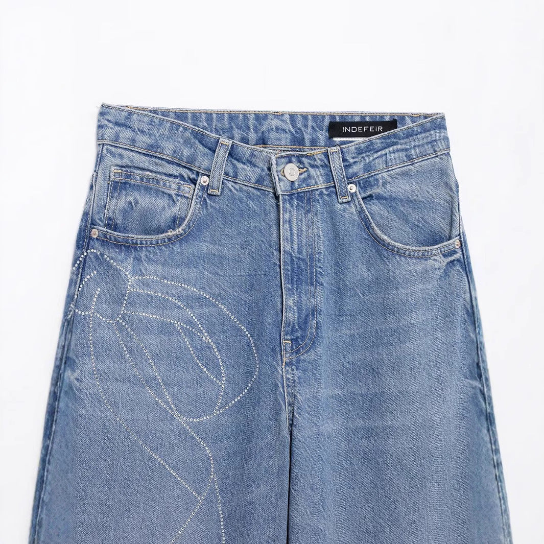 Leisure Anti-aging Wide Leg Straight High Waist Rhinestone Jeans