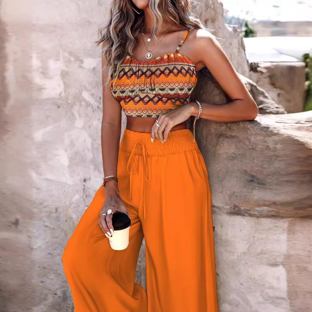 Summer New Commuter Two-piece Printed Lace-up Wide-leg Pants Suit