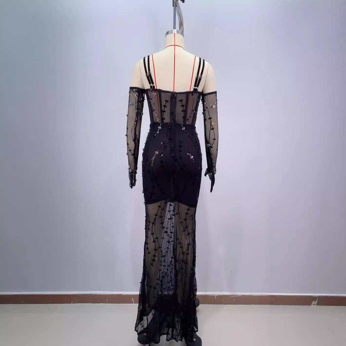 Fashionable Gloves Luxury Colorful Crystals Mesh Cinched Sling Dress