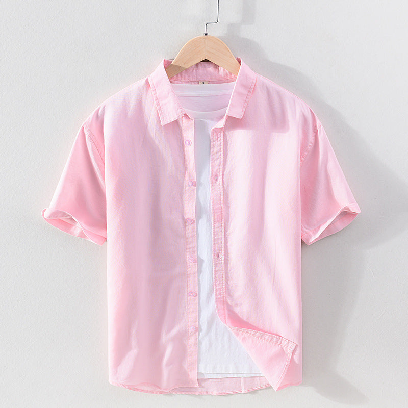 Chemise Homme Coton Lin Manches Courtes Col Carré Coupe Ajustée