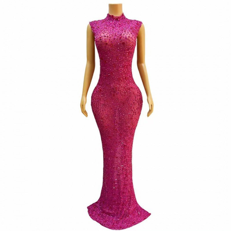 Slim Shiny Rhinestone Rose Red Birthday Party Dress