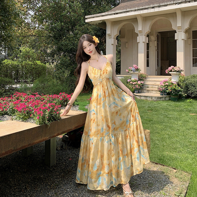 Yellow Fairy Ruffled Spaghetti Strap Dress, A-Line Vacation Style
