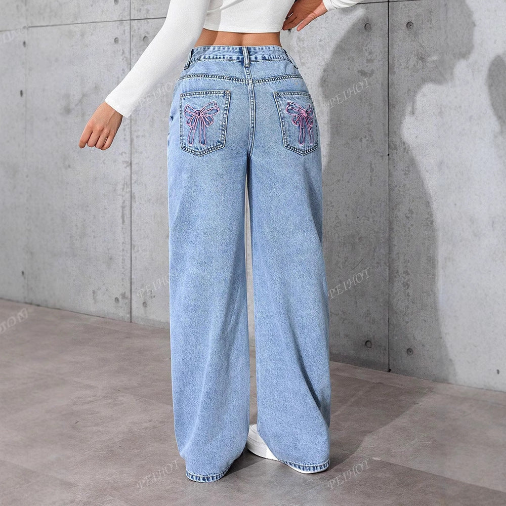 Women's Light Blue Printed Loose Summer Jeans