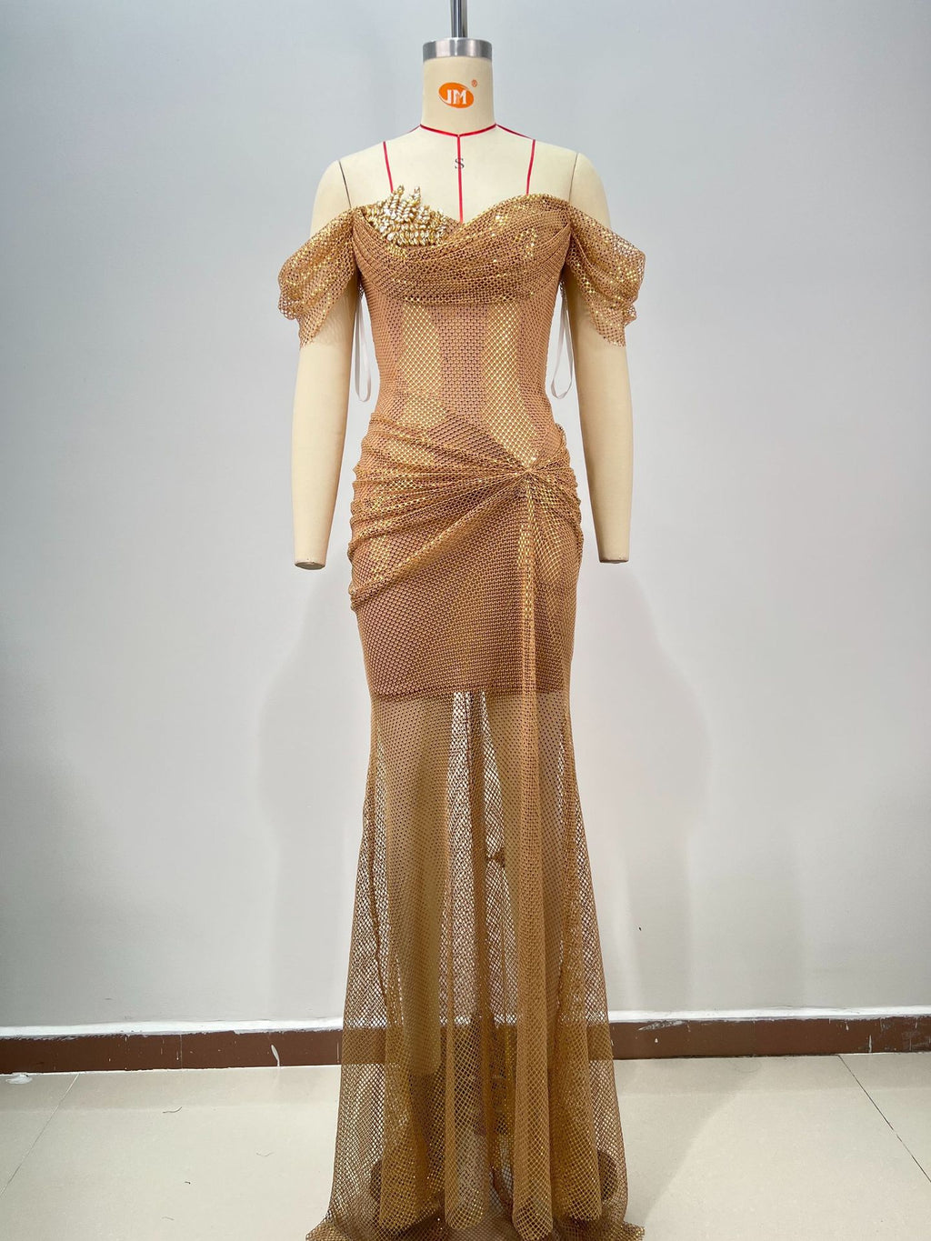 Elegant Golden Off-Shoulder Backless Slim Fit Pleated Long Dress
