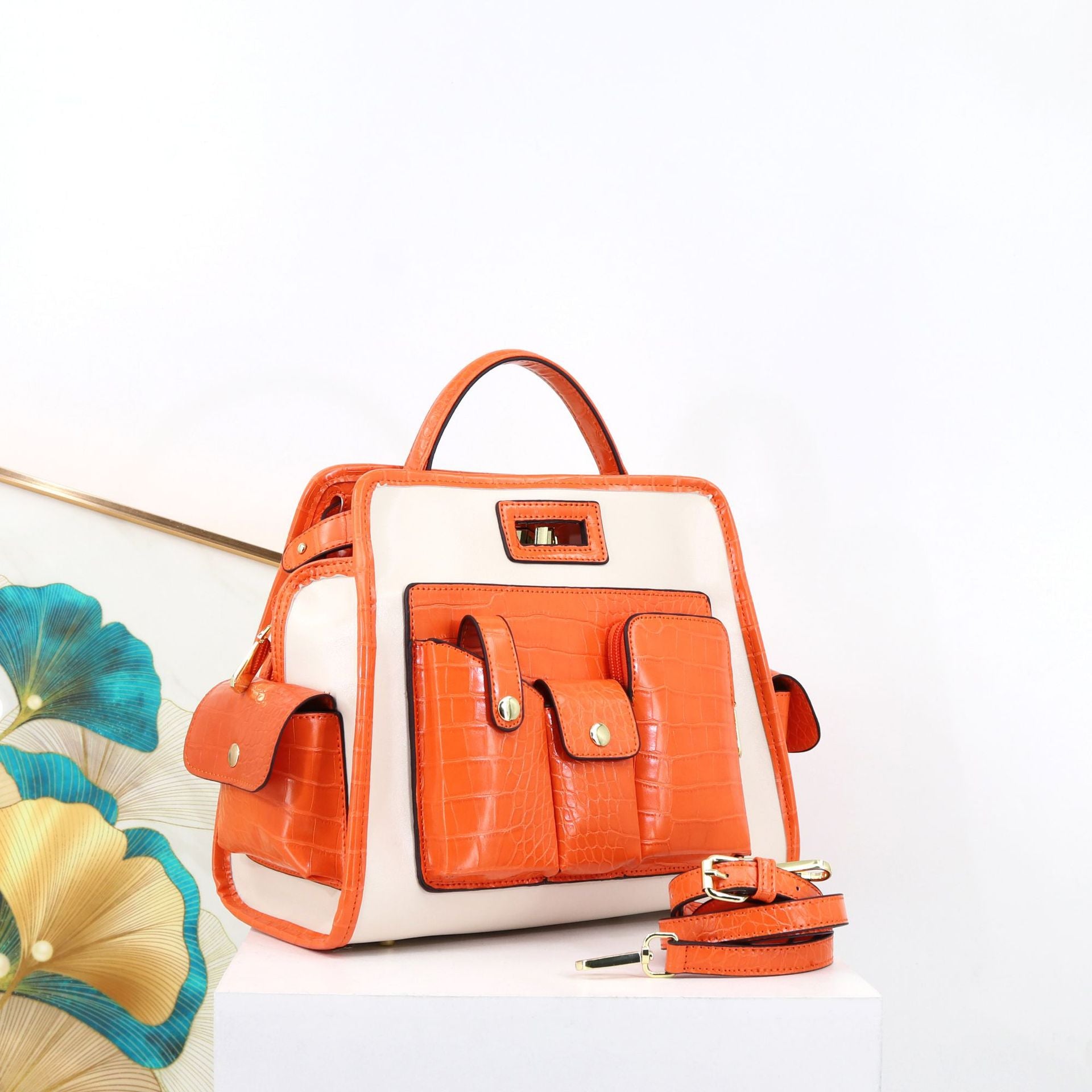 Textured Crocodile Pattern PU Polyester Handbag 33x24x17cm