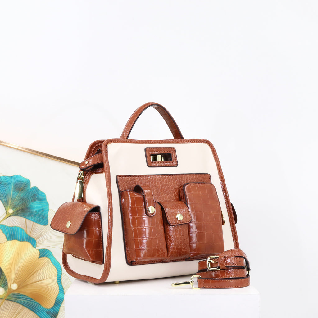 Textured Crocodile Pattern PU Polyester Handbag 33x24x17cm