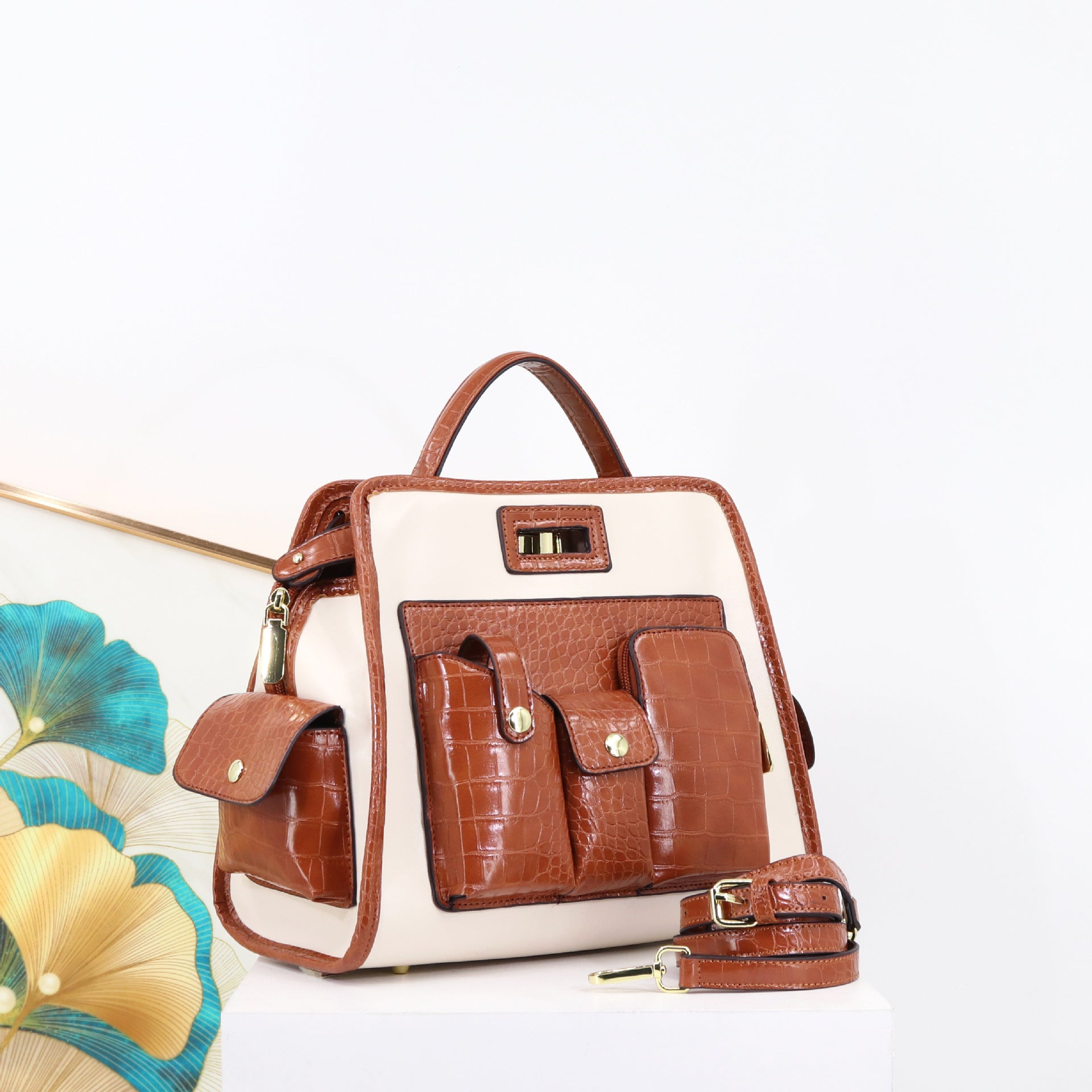 Textured Crocodile Pattern PU Polyester Handbag 33x24x17cm