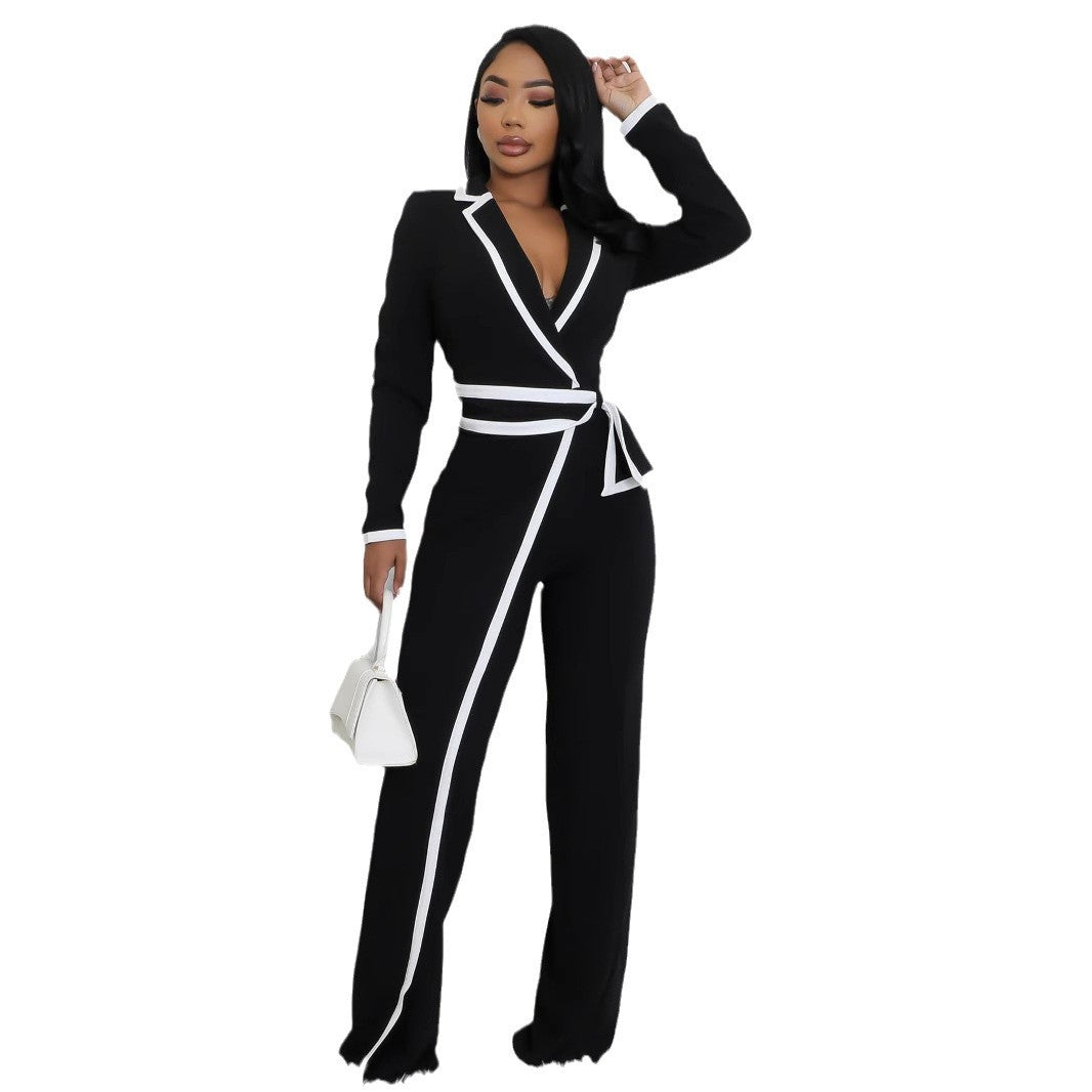 Dual-Color Patchwork Belted Long Sleeve Jumpsuit