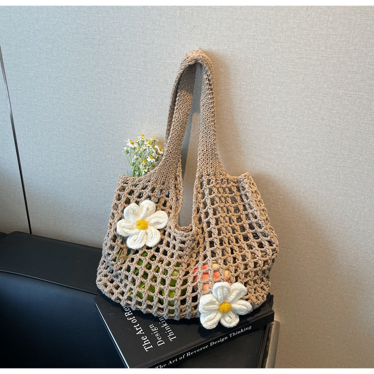 Knitted Handbag Woven Mesh Hollow Out Flower Large Capacity Versatile Shoulder Bag