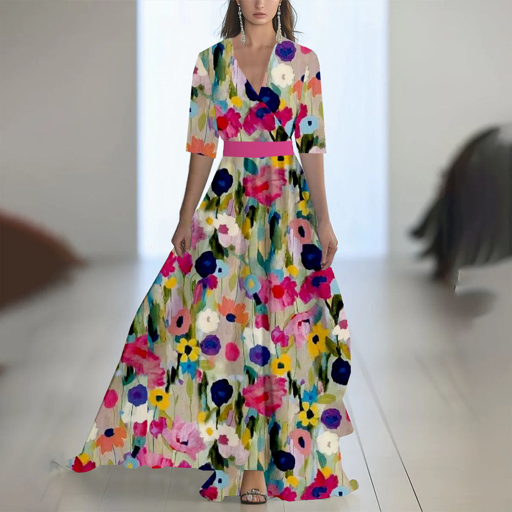 Printed Long Sleeve V-Neck Patchwork Dress with Belt