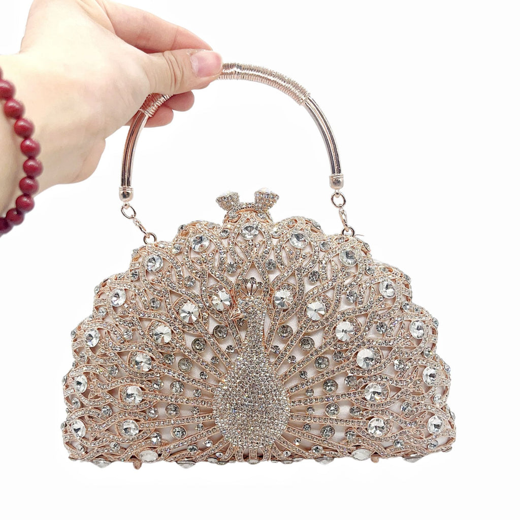 Large Peacock Diamond Evening Bag with Metal Handle and Chain, 23cm