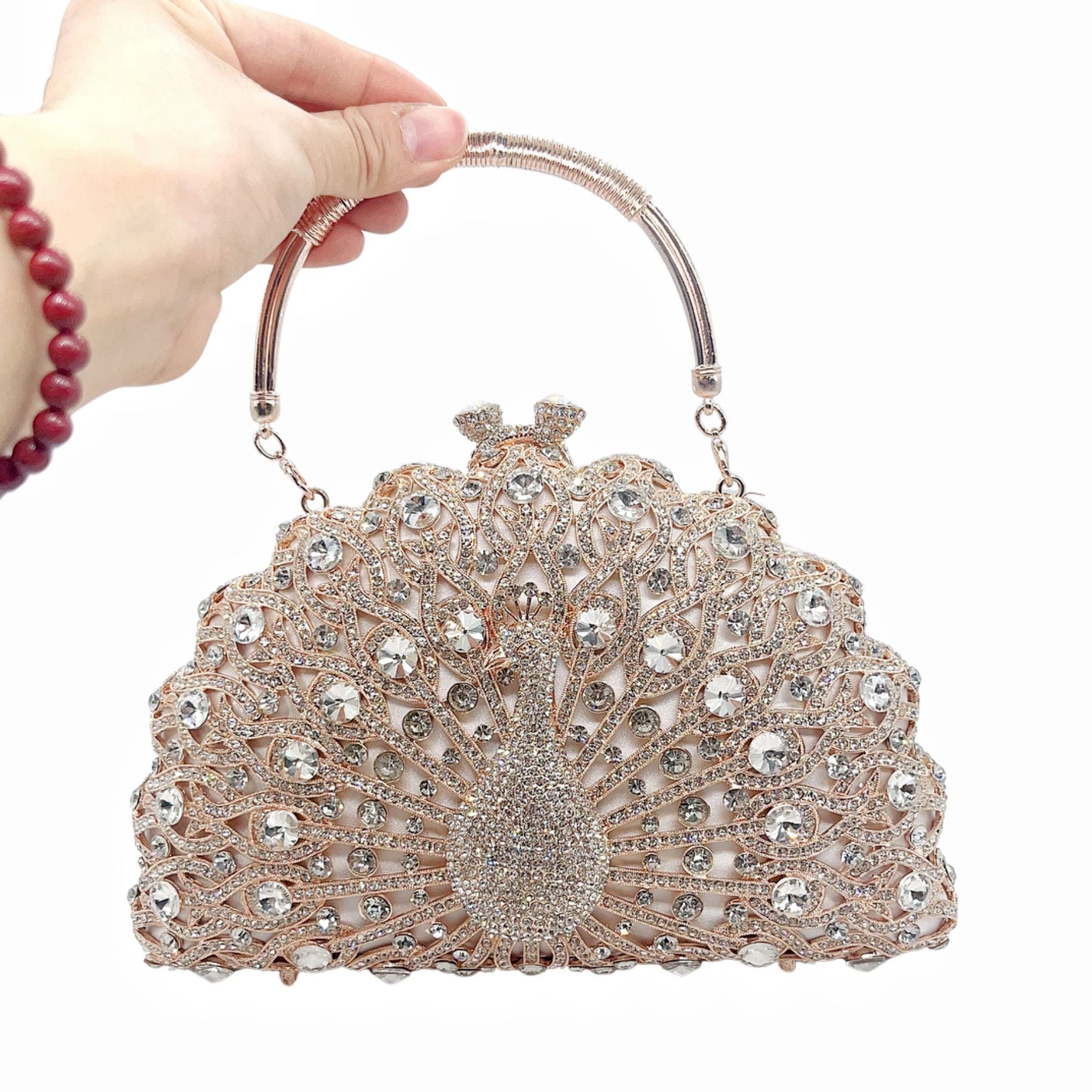 Large Peacock Diamond Evening Bag with Metal Handle and Chain, 23cm