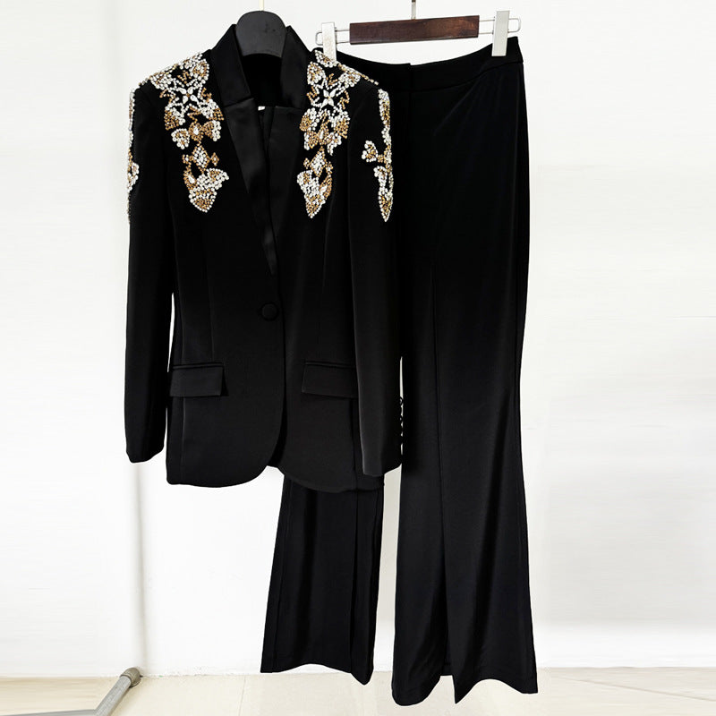 Exquisite Rhinestone Beaded Stand Collar Blazer Split Trousers Suit