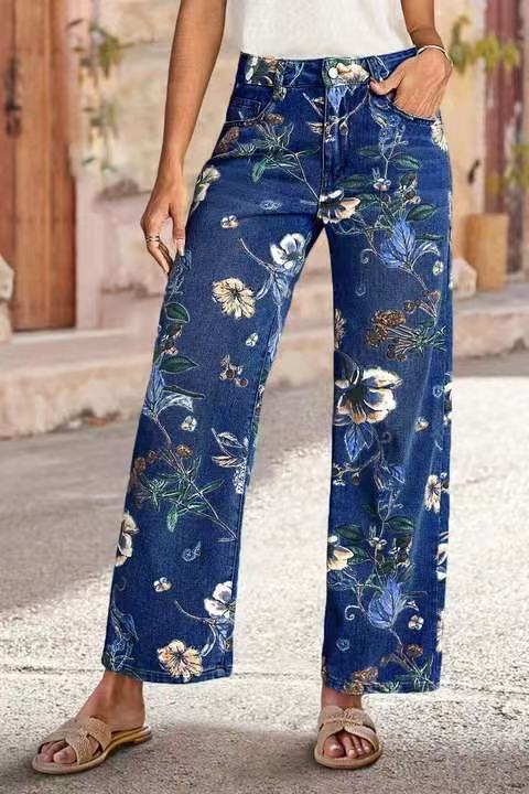 Women's Printed Denim Mid-Waist Straight Wide-Leg Pants for Spring & Autumn