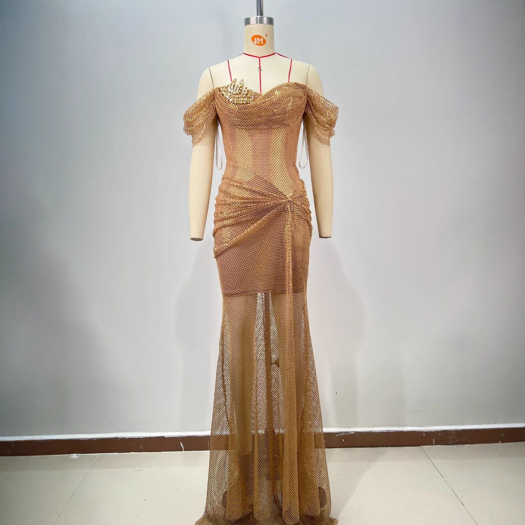 Elegant Fashionable Golden Off-shoulder Backless Slim Fit Pleated Long And Floor Dress