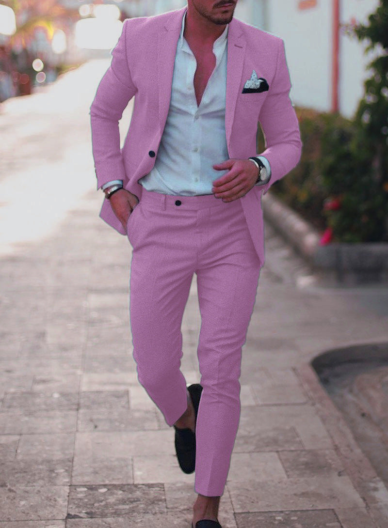Costume deux pièces ajusté en lin et coton pour homme, un bouton, couleur unie