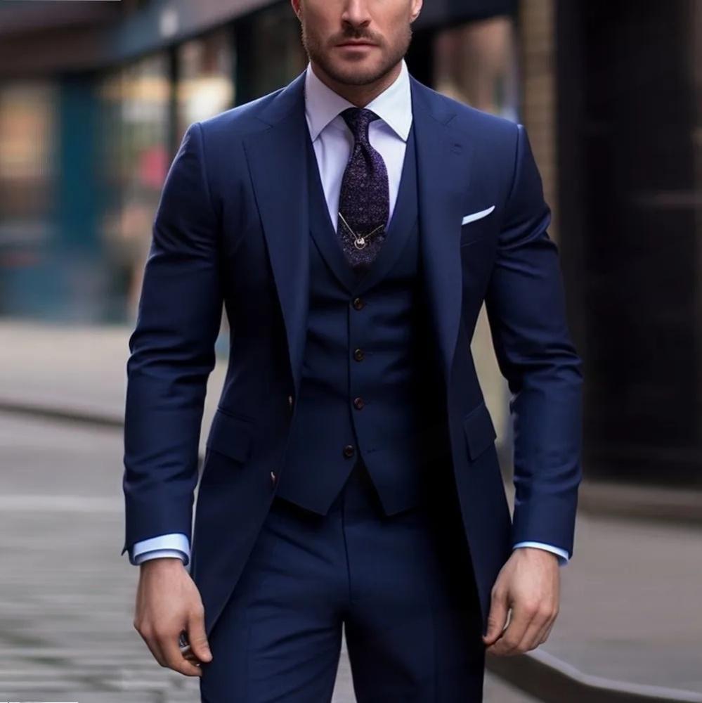 Men's Slim Fit Three-Piece Solid Color Suit Polyester Blend