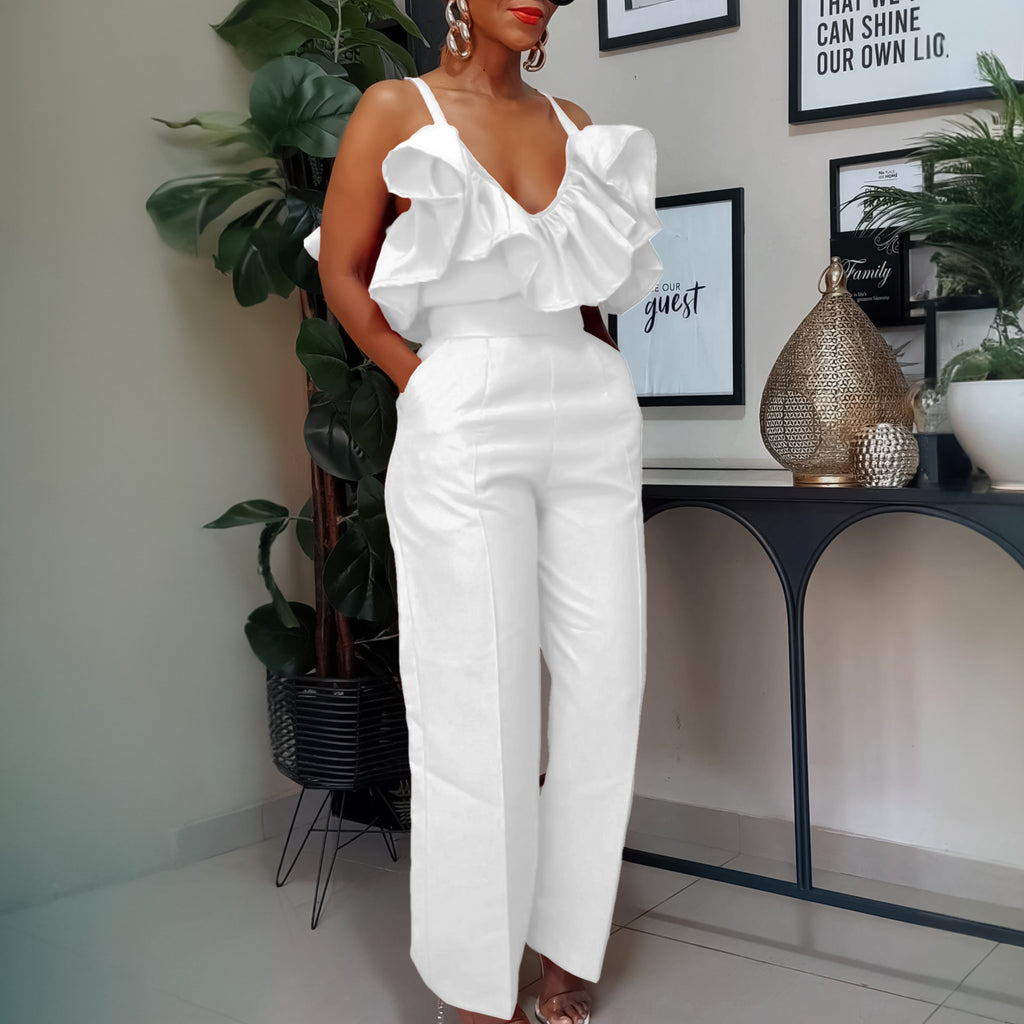 V-Neck Flounce Sling Top & High Waist Trousers Suit