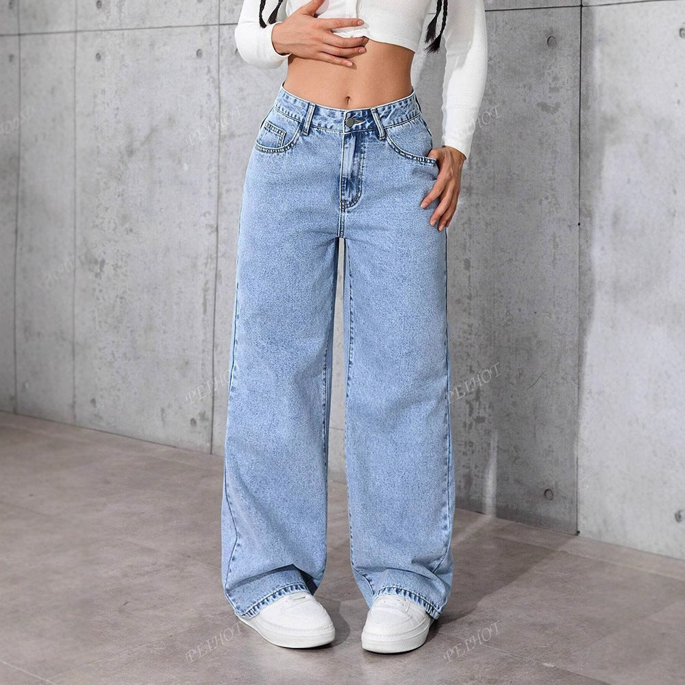 Women's Light Blue Printed Loose Summer Jeans