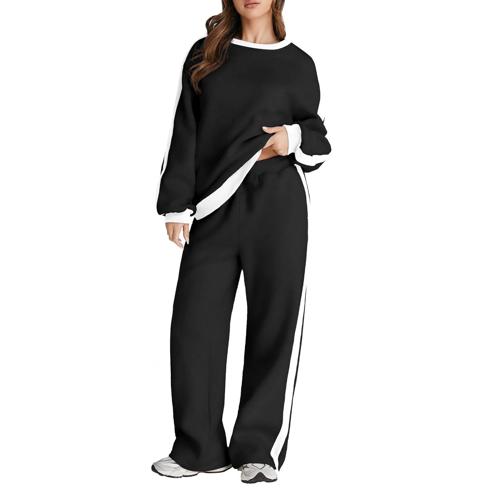 Graceful Color Matching Long Sleeve Loose Pullover Sweatshirt & Sweatpants Set