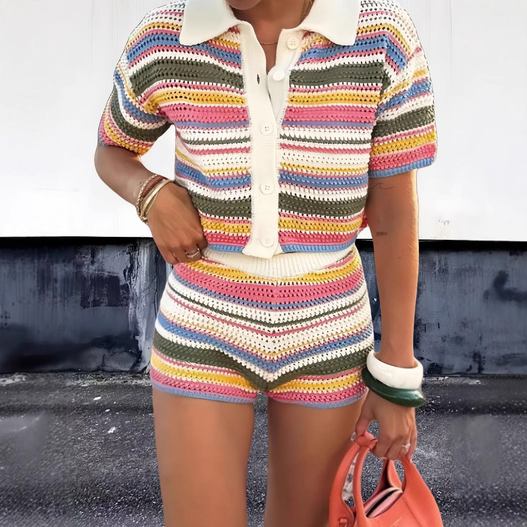 Vigorous Cute Female Knitting Suit with Colorful Stripes