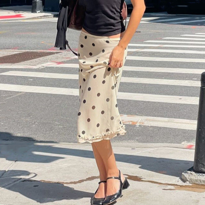 Women's French-style Color Matching Polka Dot Side Zipper Pleated Hip Skirt