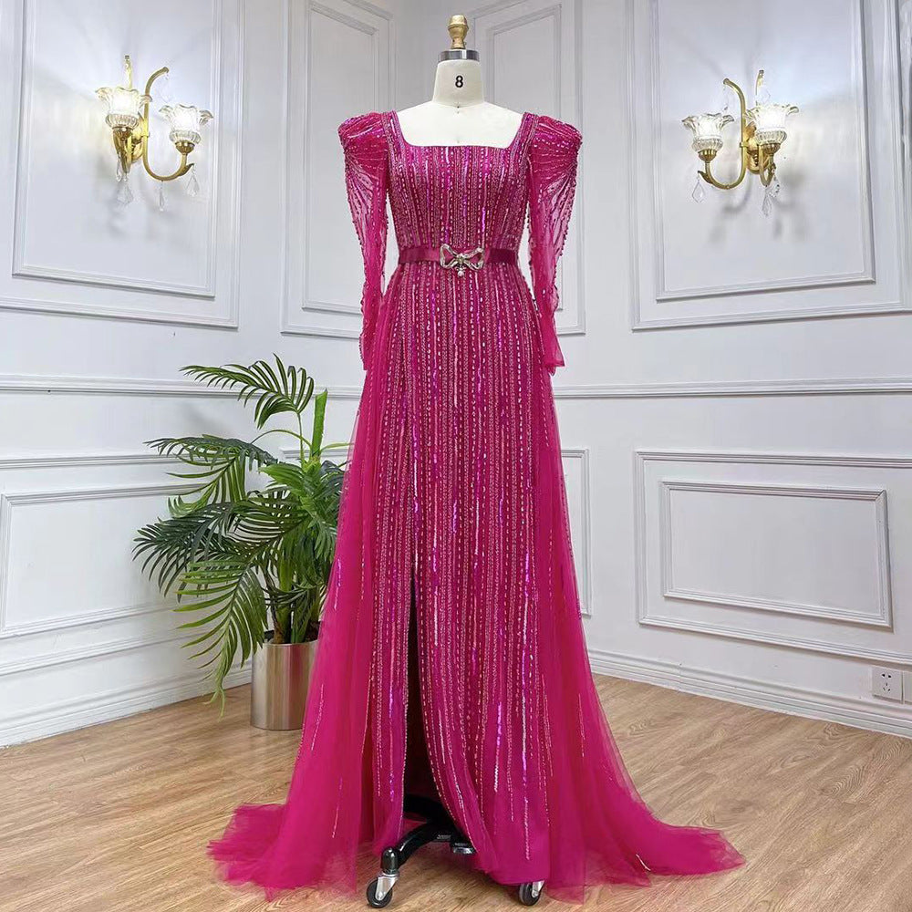 Rose Red Host Performance Evening Dress with Zipper, Long Sleeve, Tight Waist