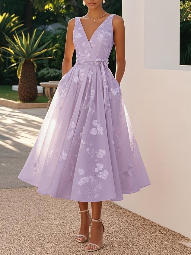 Robe trapèze sans manches à col en V et imprimé numérique pour femme