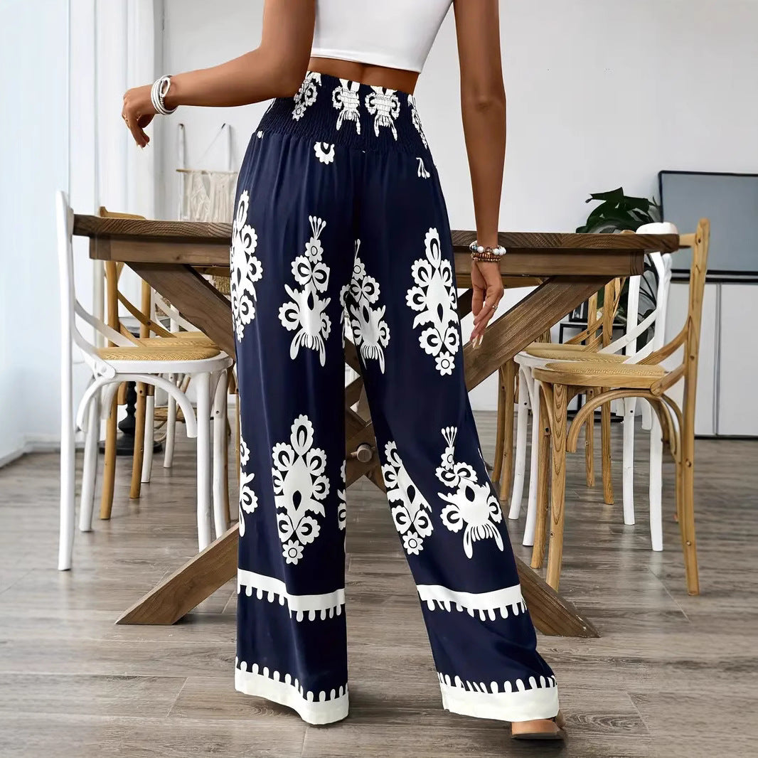Pantalon décontracté large taille haute à lacets et motif 3D pour femmes