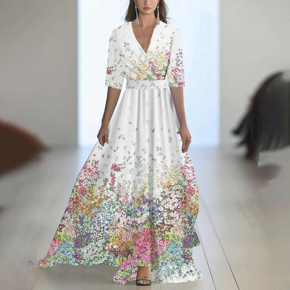 Printed Long Sleeve V-Neck Patchwork Dress with Belt