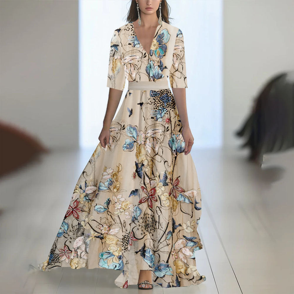 Printed Long Sleeve V-Neck Patchwork Dress with Belt