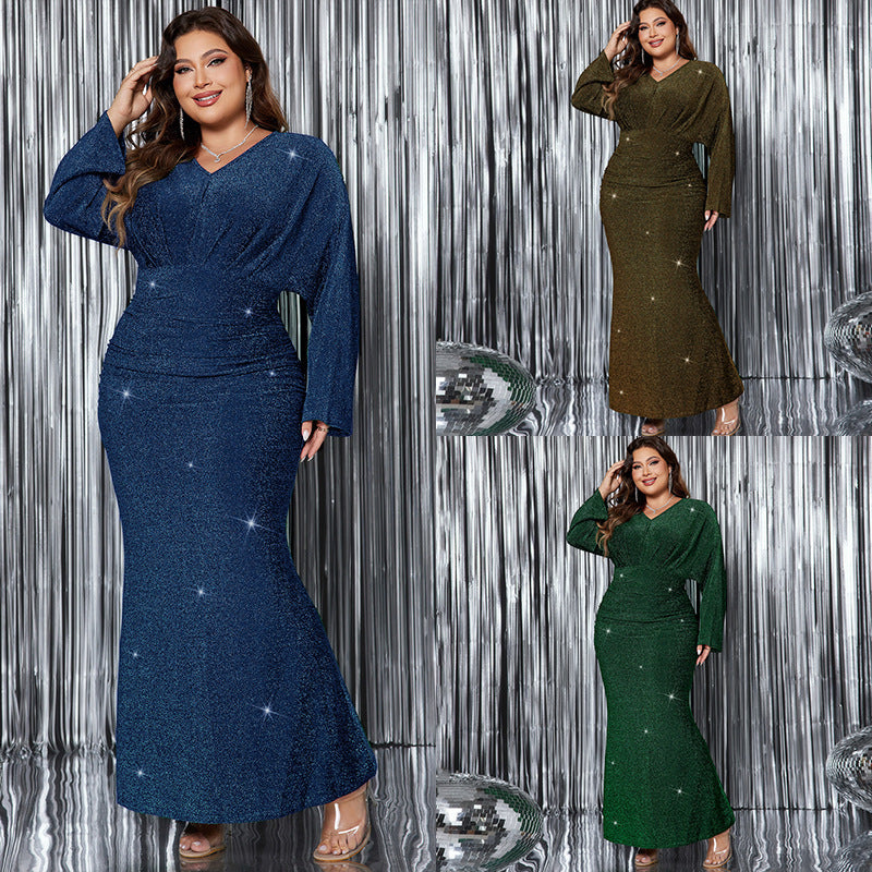 Plus Size V-Neck Long Sleeve Fishtail Evening Dress
