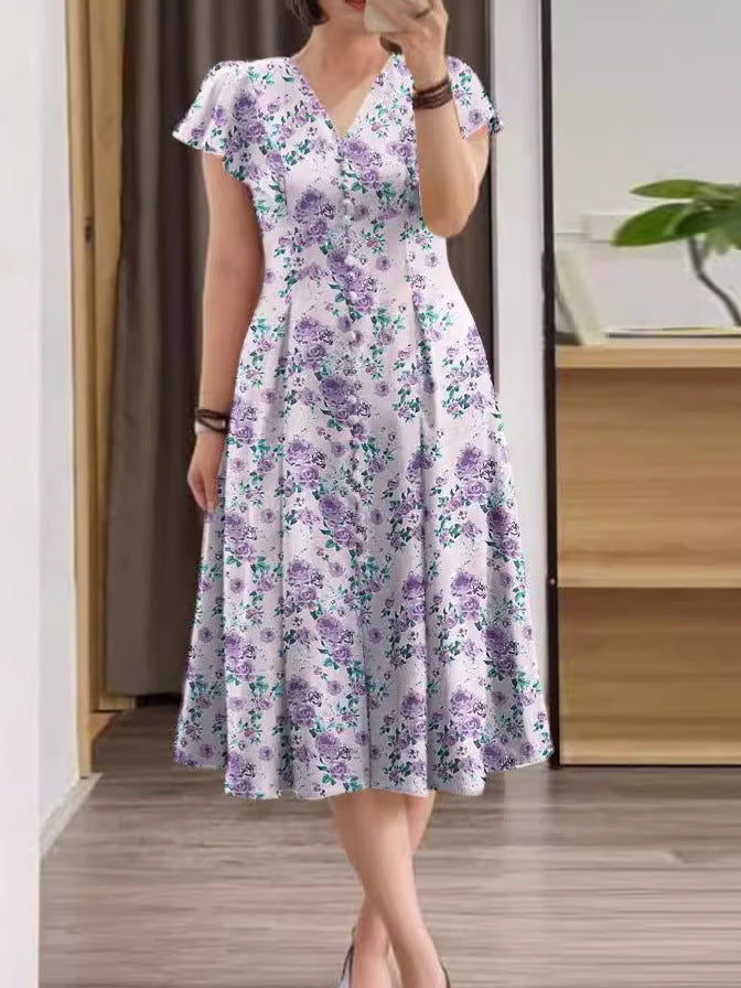 Floral Button-Front Short Sleeve A-Line Dress for Women