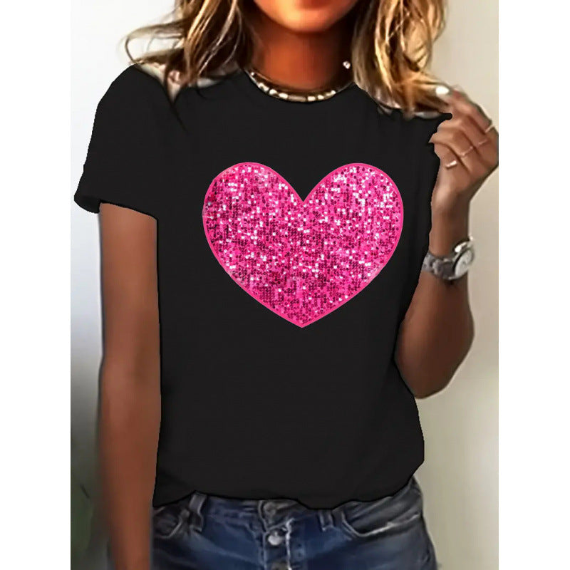 Women's Short Sleeve Valentine's Day Heart 3D Round Neck Top