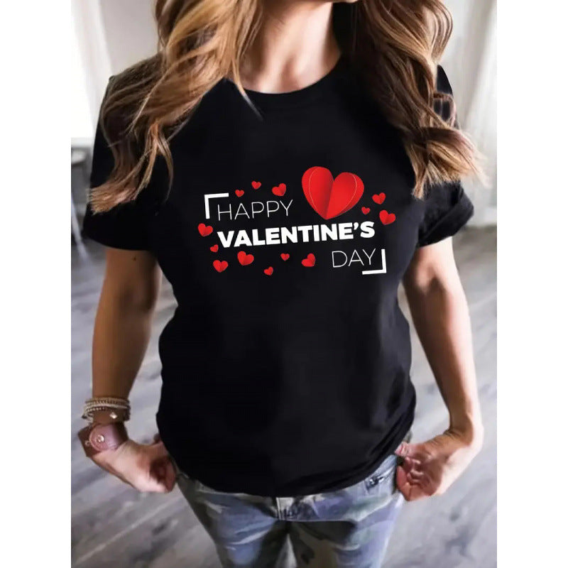 Women's Short Sleeve Valentine's Day Heart 3D Round Neck Top