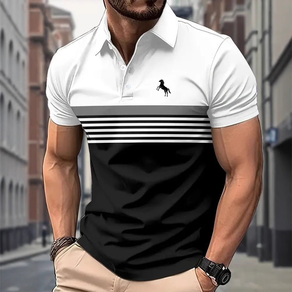 Polo de golf décontracté pour homme à rayures et blocs de couleur, avec col sport