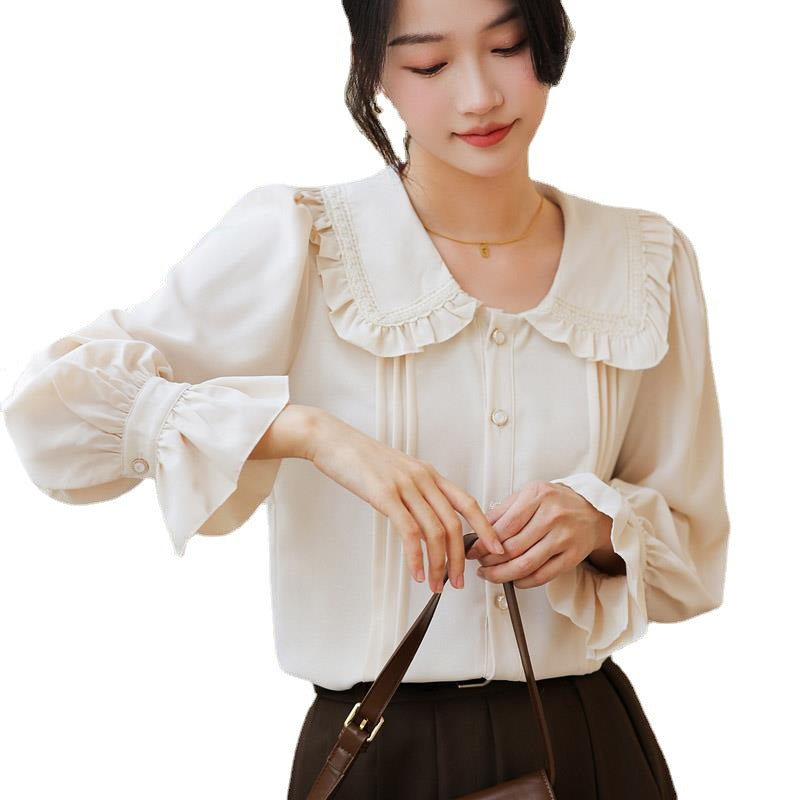 Doll Collar Long Sleeve Shirt with Ruffles in Creamy White and Brown