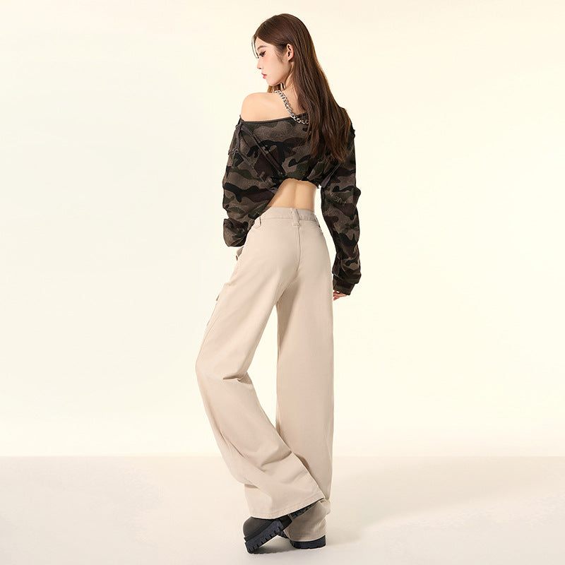 High Waist Khaki Denim Wide Leg Jeans