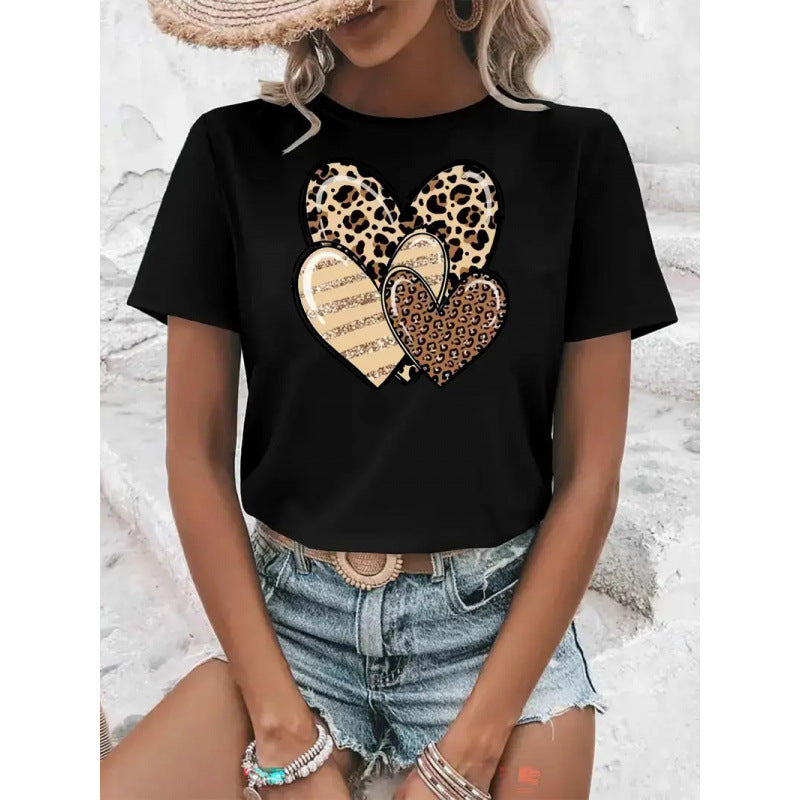 Women's Short Sleeve Valentine's Day Heart 3D Round Neck Top